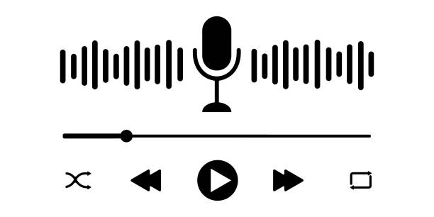 ilustrações, clipart, desenhos animados e ícones de interface do jogador de podcast com microfone, onda de som, barra de progresso de carregamento e botões. modelo simples do painel do leitor de áudio para aplicativo móvel. ilustração gráfica vetorial - sliding control panel control playing