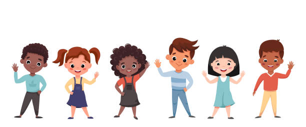 Happy Children waving and smiling. Cartoon elementary school kids showing goodbye or welcome gesture. Back to school concept. Cartoon flat vector illustration isolated on white background Happy Children waving and smiling. Cartoon elementary school kids showing goodbye or welcome gesture. Back to school concept. Cartoon flat vector illustration isolated on white background cartoon of the saying goodbye stock illustrations