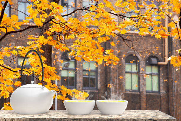 The 3d rendering of Cup with tea and teapot with nice background
