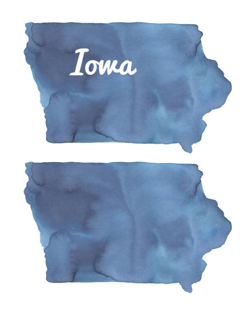 Watercolour illustration of Iowa State Map set: blank one and with lettering. Cut out clipart elements for design, print, poster, banner, postcard. Hand painted water color graphic drawing on white. davenport iowa stock illustrations