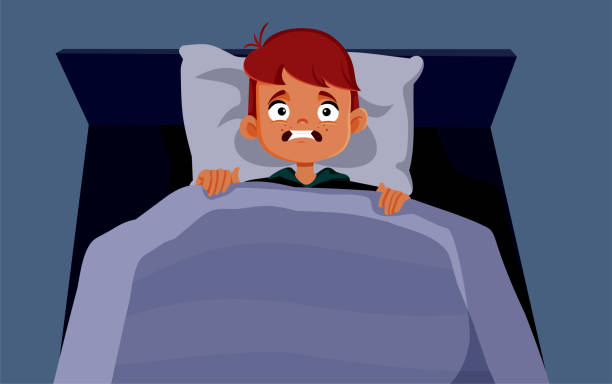 ilustraciones, imágenes clip art, dibujos animados e iconos de stock de niño pequeño incapaz de dormir temeroso de la caricatura de vector oscuro - child bedtime imagination dark