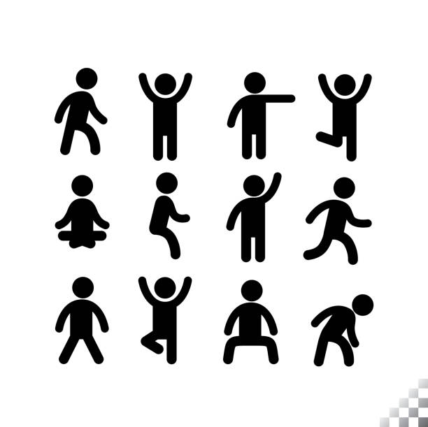 solid human bathroom icon stick figures low height with various poses Black icons of people icon symbol, Simple figures in simple poses low profile hight arms raised stock illustrations