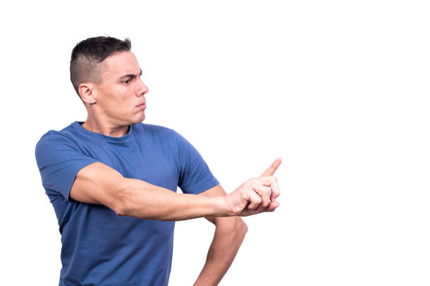 istock Man looking aside and scolding with his finger 1360119277