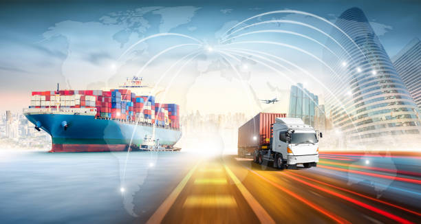 istock Global business logistics import export and container cargo freight ship, cargo plane, container truck on highway at city background with world map screen connections, transportation industry concept 1360123508