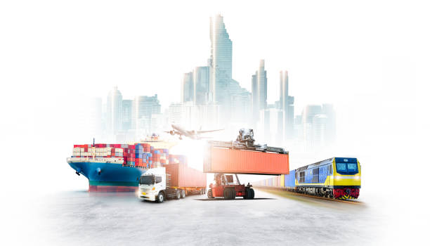 Global business logistics import export and container cargo ship, freight train, cargo plane, container truck at city background with copy space, transportation industry concept worldwide distribution stock photo