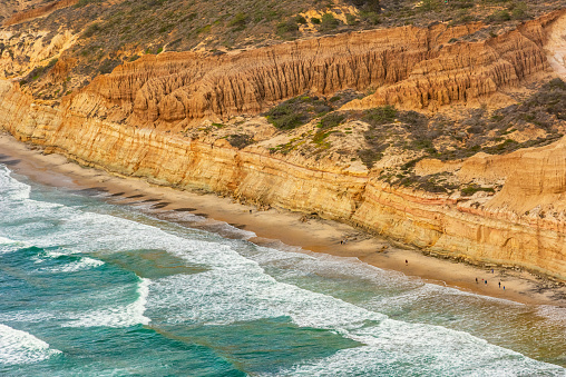 The cliffs and beach of the Torrey Pines State Reserve located in the city of San Diego encompassing about 1500 acres of natural protected land.