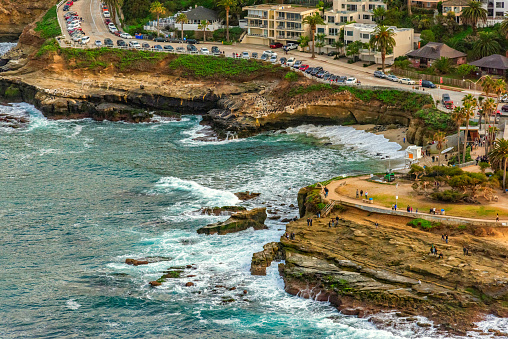 The famous La Jolla Cove in San Diego, California shot from an altitude of about 800 feet over the Pacific.