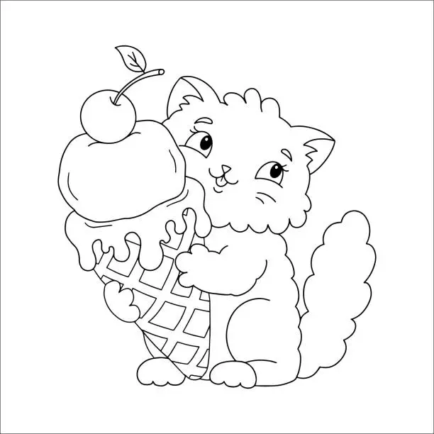 Vector illustration of A cute fluffy cat holds delicious appetizing ice cream in its paws. Coloring book page for kids. Cartoon style. Vector illustration isolated on white background.