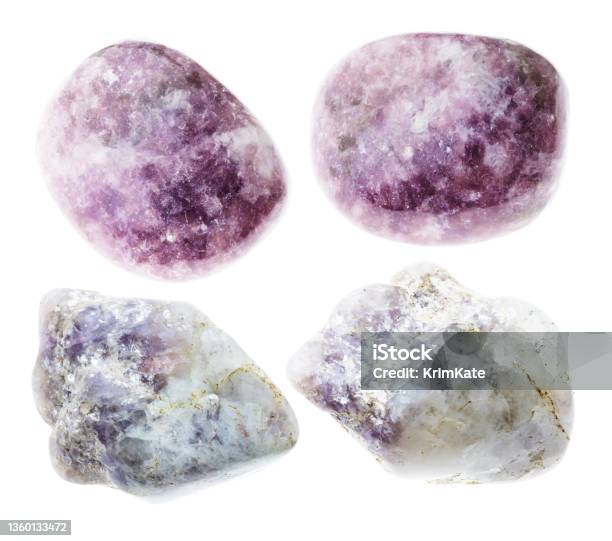 Set Of Lepidolite Mica Stones Cutout On White Stock Photo - Download Image Now - Collection, Color Image, Composite Image