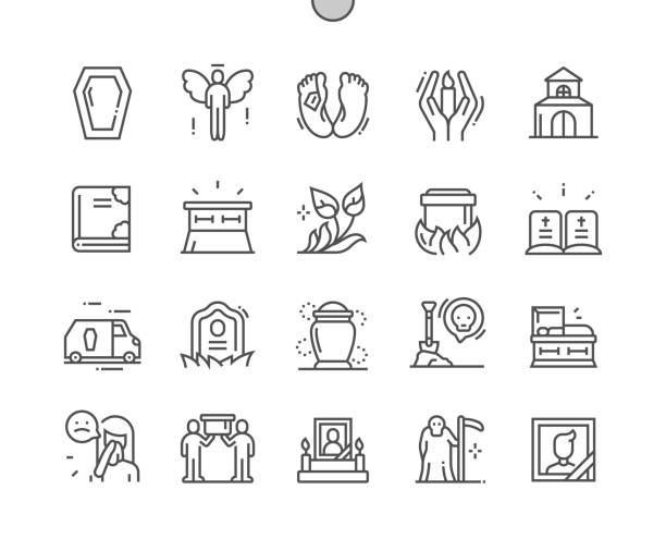 ilustraciones, imágenes clip art, dibujos animados e iconos de stock de funeral. llora muerto. biblia e iglesia. cementerio, recuerdo, muerte espiritual. mesa conmemorativa. iconos de línea delgada de pixel perfect vector. pictograma mínimo simple - place of burial illustrations