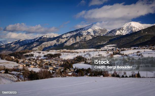 Pyrénées Orientales Mountains Seen From Montlouis Village In A Winter Snowy Day Stock Photo - Download Image Now