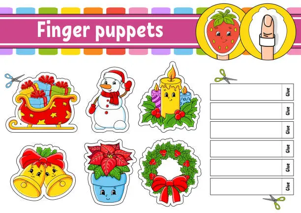 Vector illustration of Finger puppets. Activity Game for kids. Cute characters. Cartoon style. Christmas theme. Color vector illustration.