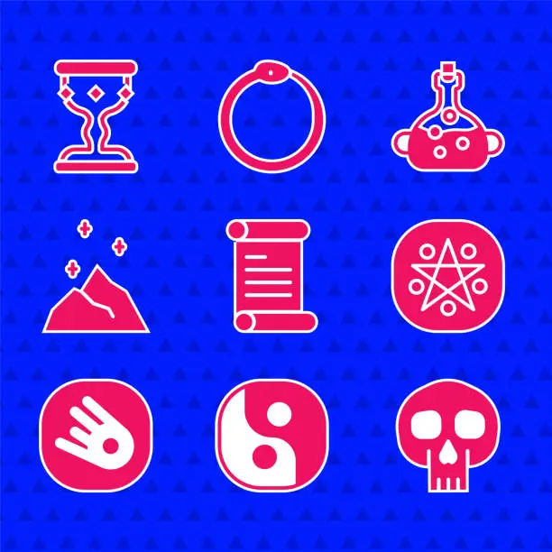 Vector illustration of Set Decree, parchment, scroll, Yin Yang, Skull, Pentagram circle, Comet falling down fast, Magic powder, Poison bottle and Medieval goblet icon. Vector