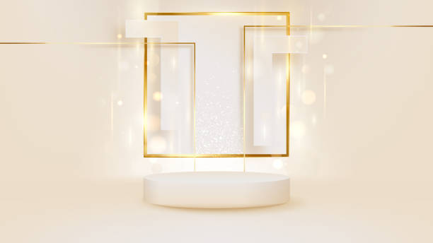 istock Realistic cream color podium for product display with golden line elements and light effects. 1360141181