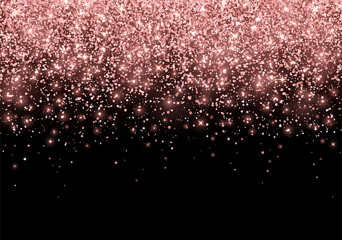 Holiday rose gold sparkling glitter scattered on black background. Vector illustration
