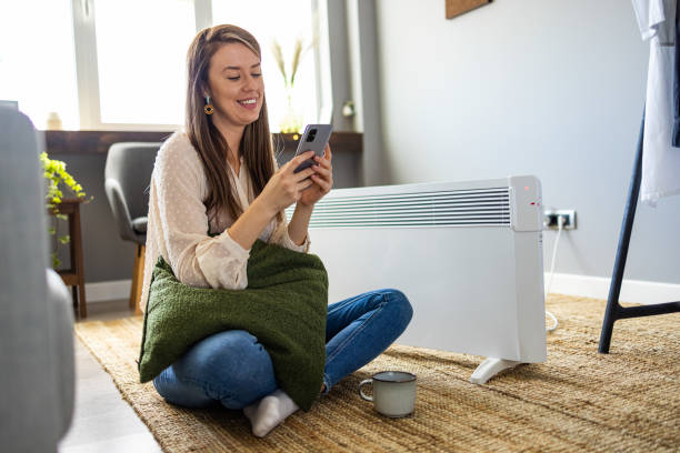 istock Synchronization of thermostat with mobile devices concept 1360143093