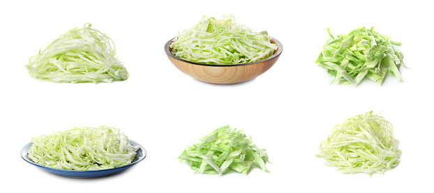 Set with heaps of chopped cabbage on white background. Banner design