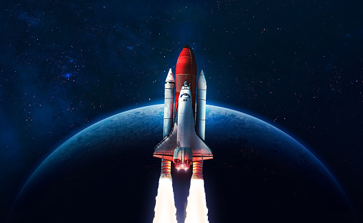 Space shuttle flight in deep space. Space rocket on orbit of Earth planet. Sci-fi space wallpaper. Elements of this image furnished by NASA (url:https://earthobservatory.nasa.gov/blogs/elegantfigures/wp-content/uploads/sites/4/2011/10/land_shallow_topo_2011_8192.jpg)