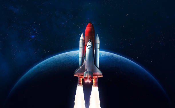 space shuttle flight in deep space. space rocket on orbit of earth planet. sci-fi space wallpaper. elements of this image furnished by nasa - 衛星 太空旅行器 個照片及圖片檔