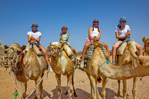 Girls riding camel in the Egyptian desert