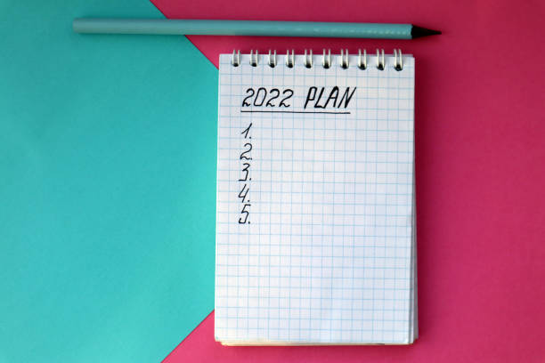 istock 2022 notebook mockup on pink background. New Year. Plans, goals for 2022 1360144807