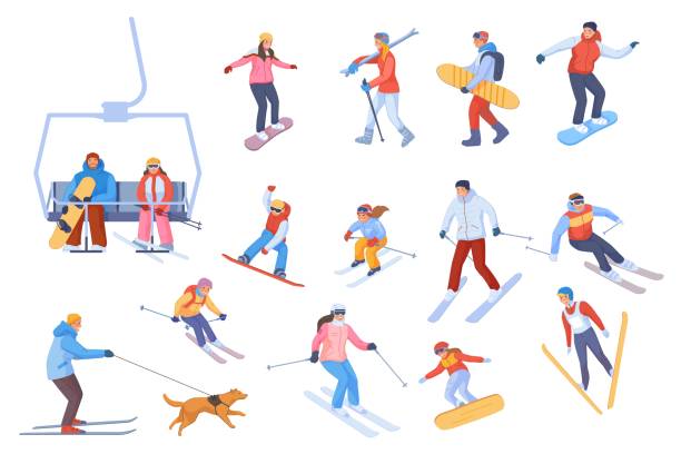 leute, die ski und snowboard fahren. cartoon skifahrer familie snowboarder, wintersport berg resort downhill freeride auf sessellift schneehang, reiseaktivität swanky vector - skiing ski snow competition stock-grafiken, -clipart, -cartoons und -symbole