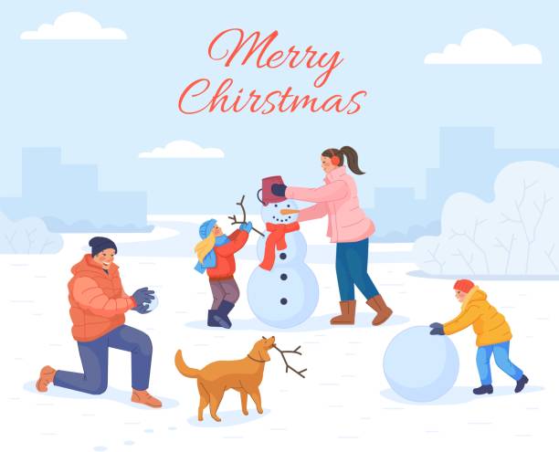 가족이 눈사람을 만드는. 겨울 놀이 사람들은 크리스마스 눈 남자를 구축, 개 야외 재생 눈공 크리스마스 크리스마스 카드 새해 배경 만화 호화로운 벡터 일러스트를 구축 - snowman snowball men christmas stock illustrations