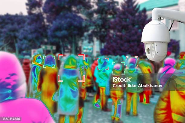 Cctv The Surveillance Camera Takes Pictures In Public Places With People In The Background Blurring With Colorful Identification Concept Of Modern Technologies And Security Stock Photo - Download Image Now