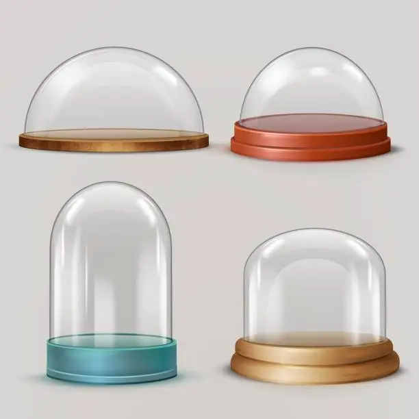 Vector illustration of Realistic glass dome. 3d sphere hemisphere globe in wooden plastic tray, glossy ball bell jars, transparent protection cylinder window, exhibition display case tidy vector