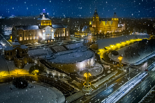 The Haken terrace/ Waly Chrobrego/ with monumental Szczecin Voivodeship Office. Terraces are 500 meters long and lies 19 meters above the bank of Odra river. One of the most beautiful places in Poland