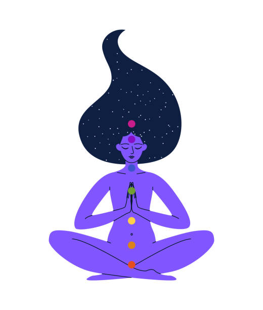 семь чакр. женщина сидит в позе лотоса, руки соединены. в волосах звезды, космос. женщина медитирует. цветная векторная иллюстрация девушки � - lotus spa treatment health spa women stock illustrations