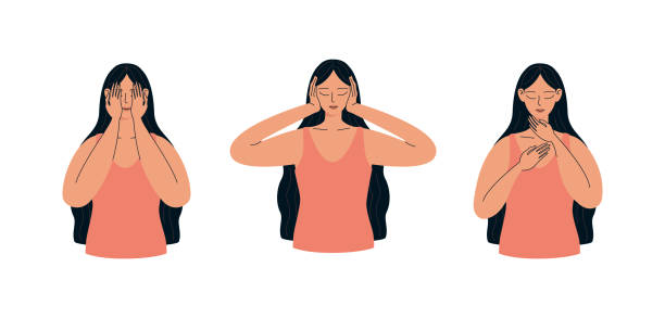 kobieta samolecząca reiki. kobieta leczy twarz, uszy, gardło energią reiki. holistyczna ilustracja wektorowa autoterapii wyizolowana na białym tle. - self massage stock illustrations