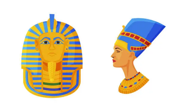 Vector illustration of Nefertiti Bust and Pharaoh Head as Great Egyptian Royal Wife and King Vector Set