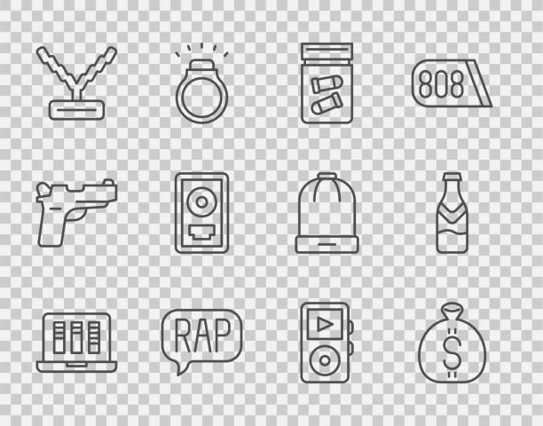 illustrazioni stock, clip art, cartoni animati e icone di tendenza di imposta linea registratore audio o audio, money bag, evidence with bullet, rap music, rapper chain, cd disk award frame, music player e beer bottle icon. vettore - food and drink industry audio