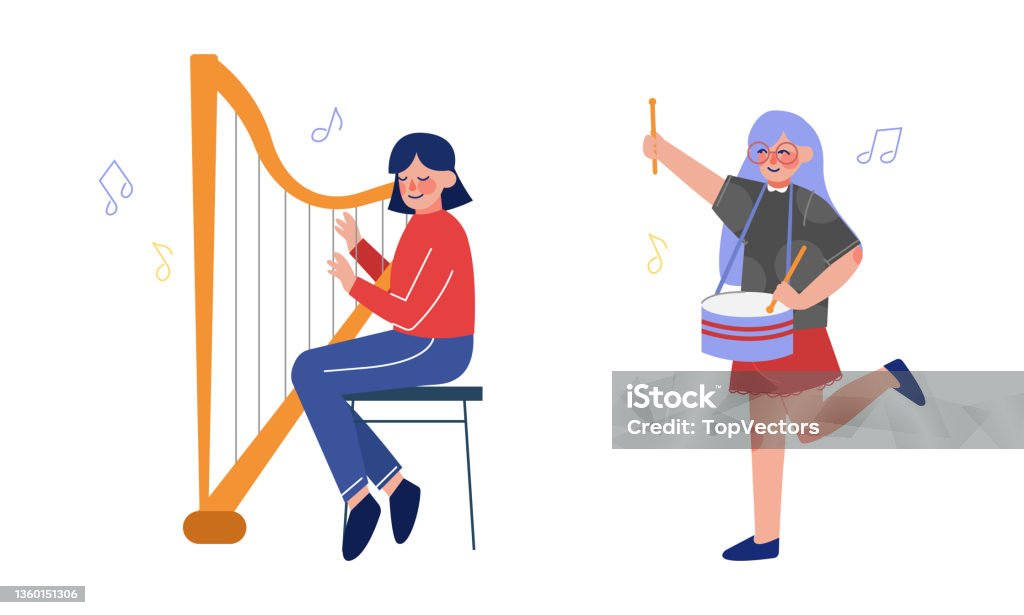Harpa Player Vector Gadis Remaja Bermain Drum Dan Harpa Sebagai Karakter Musisi Berbakat ...