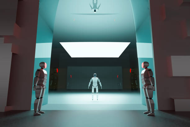istock 3d illustration. A robot with a monitor on its face in different angles. 1360153138