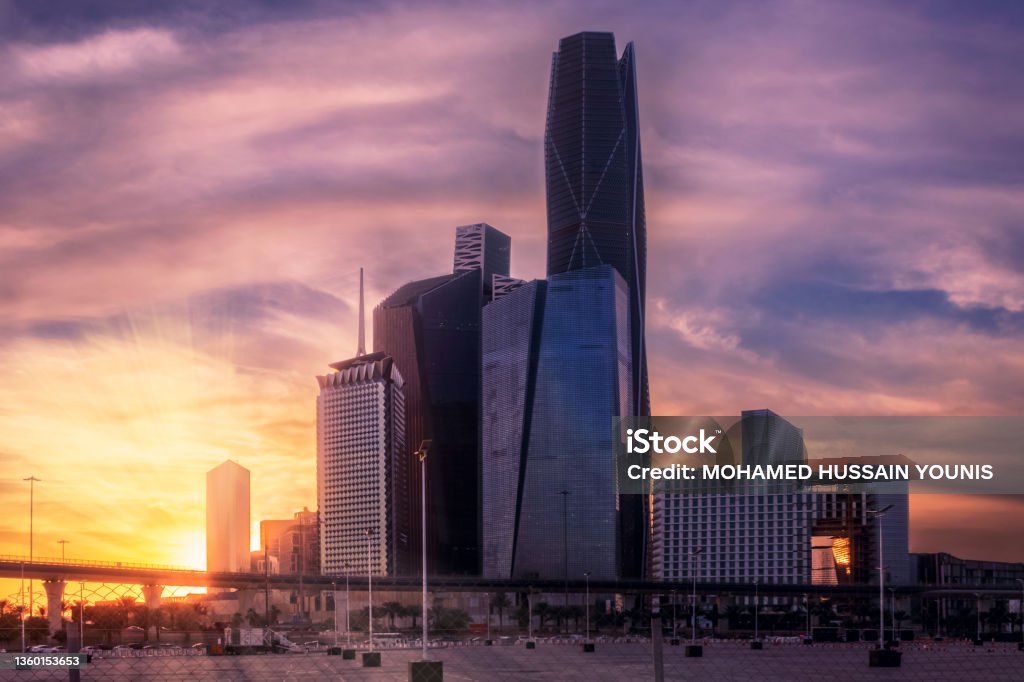 Sunset over the King Abdullah Financial District in the capital, Riyadh, Saudi Arabia. Large buildings equipped with the latest technology Buildings / Landmarks Riyadh Stock Photo