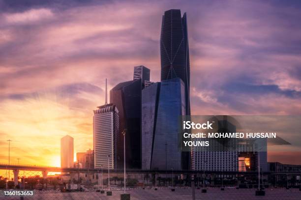 Sunset Over The King Abdullah Financial District In The Capital Riyadh Saudi Arabia Large Buildings Equipped With The Latest Technology Stock Photo - Download Image Now