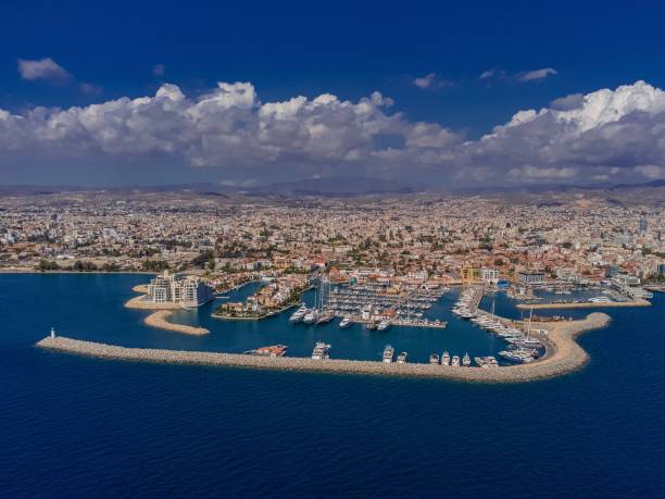 Aerial Drone Shot of Limassol Marina in Cyprus, blue Mediterranean Sea, yachts, boats Aerial Drone Shot of Limassol Marina in Cyprus, blue Mediterranean Sea, yachts, boats. High quality photo limassol stock pictures, royalty-free photos & images