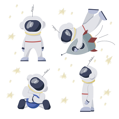 Set of astronauts flying, standing and sitting in space in different poses. Holds planet and flies with rocket. Vector illustration in cartoon flat style, all elements isolated on white background.