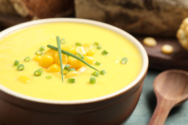 istock Delicious creamy corn soup on table, closeup 1360156996