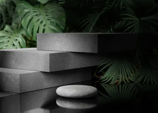 Photo of 3D podium, stone display set. Jungle, monstera palm leaf.  Nature dark background. Cosmetic, beauty product promotion mockup. Rock concrete pedestal. Gray trendy exotic, 3D render illustration.