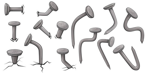 cartoon gebogene nägel. satz isolierter stahlmetallnägel. tischlerkonzept isoliert auf weißem hintergrund. konstruktionsvektor-illustration - nail stock-grafiken, -clipart, -cartoons und -symbole