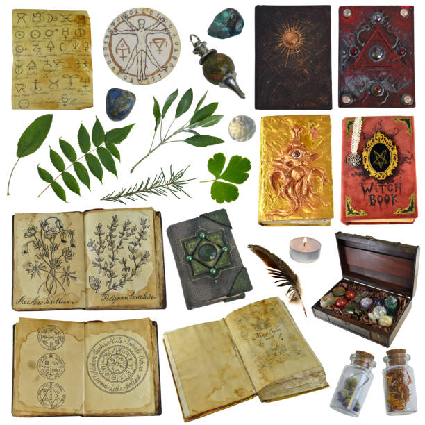 istock Design clip art set with herbs, witch book of spells, crystals, potion bottles and magic objects isolated on white background 1360161681