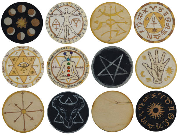 istock Design clip art set with magic seals with moon phases, spells, chakra symbols, pentagram isolated on white background 1360161787