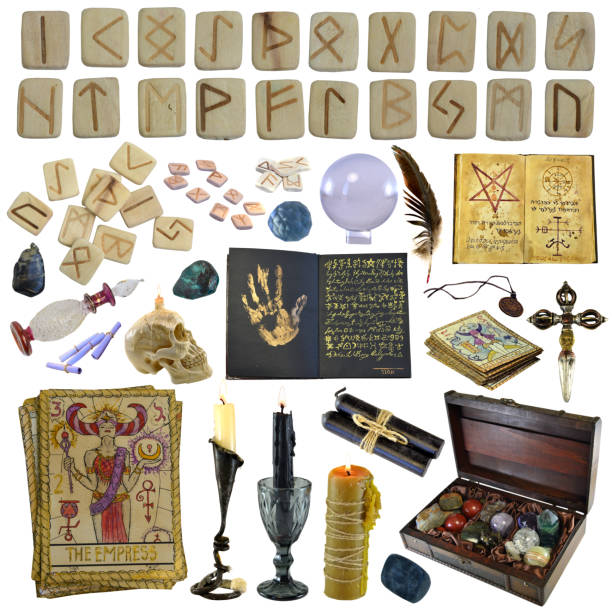istock Design clip art set with runes, tarot cards and magic ritual objects isolated on white background 1360161891