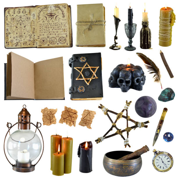istock Design clip art set with magic book of spells, candles, pentagram and witch objects isolated on white background 1360161939
