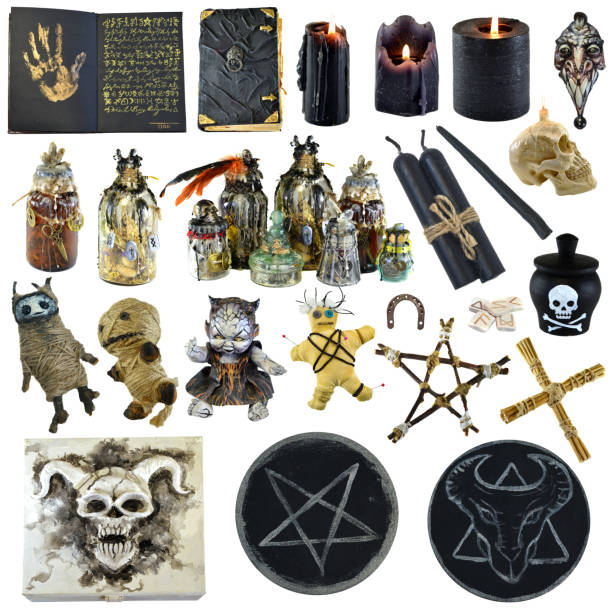 istock Design clip art set with black magic ritual objects, pentagram, witch book of spells, black candles isolated on white background 1360162089