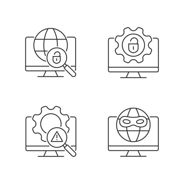 Illegal activities detection linear icons set Illegal activities detection linear icons set. Jailbreak and darknet. Cyber security. Malicious software. Customizable thin line contour symbols. Isolated vector outline illustrations. Editable stroke dark web stock illustrations