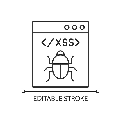 XSS attack linear icon. Cross site scripting. Software attack. Client side code. Thin line customizable illustration. Contour symbol. Vector isolated outline drawing. Editable stroke. Arial font used